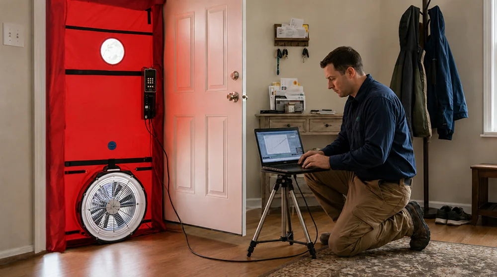 An energy technician performing a blower door test